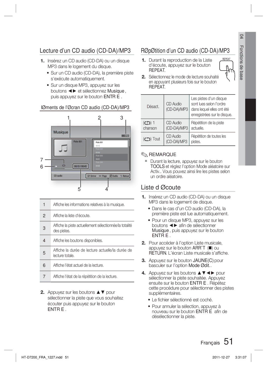 Samsung HT-D7200/ZF manual Lecture dun CD audio CD-DA/MP3, Liste d’écoute, Répétition dun CD audio CD-DA/MP3, Repeat 