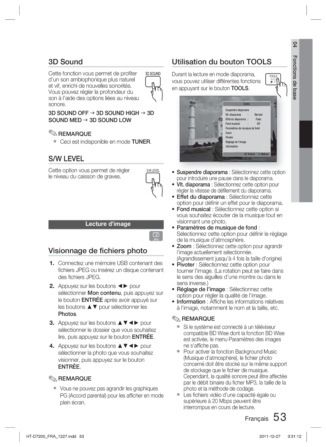 Samsung HT-D7200/ZF, HT-D7200B/ZF manual 3D Sound, Visionnage de ﬁchiers photo, Utilisation du bouton Tools, Lecture d’image 