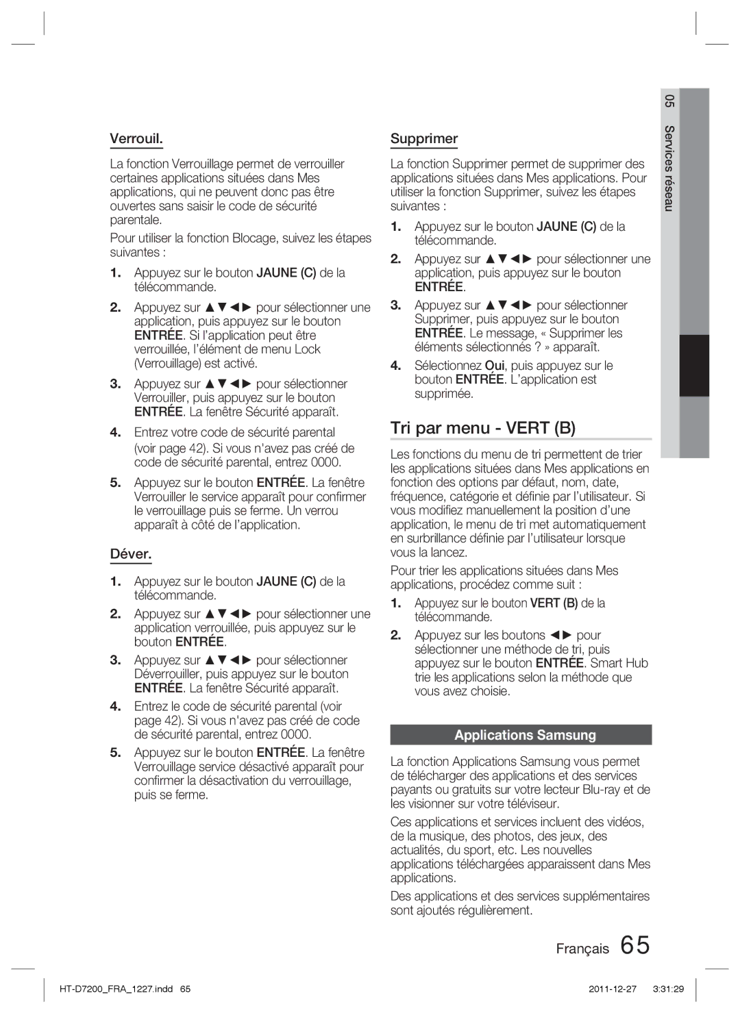 Samsung HT-D7200/ZF, HT-D7200B/ZF manual Tri par menu Vert B, Verrouil, Déver, Supprimer, Applications Samsung 