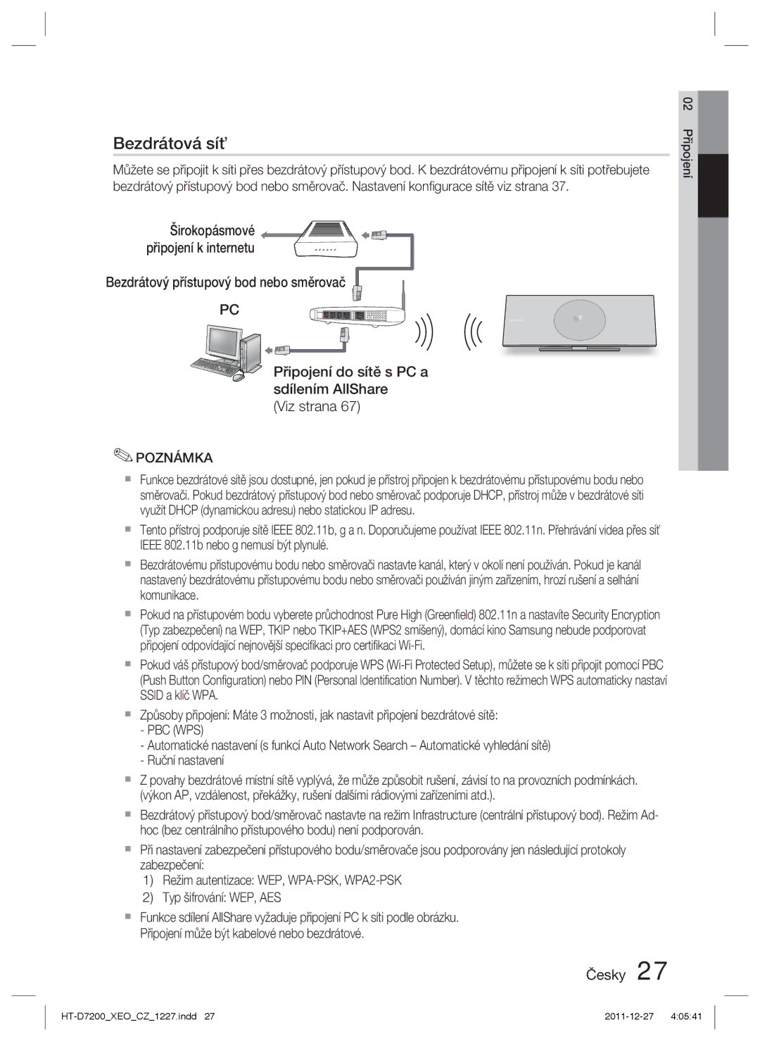 Samsung HT-D7200B/EN, HT-D7200/EN, HT-D7200B/ZF, HT-D7200/ZF manual Širokopásmové připojení k internetu, Pbc Wps 