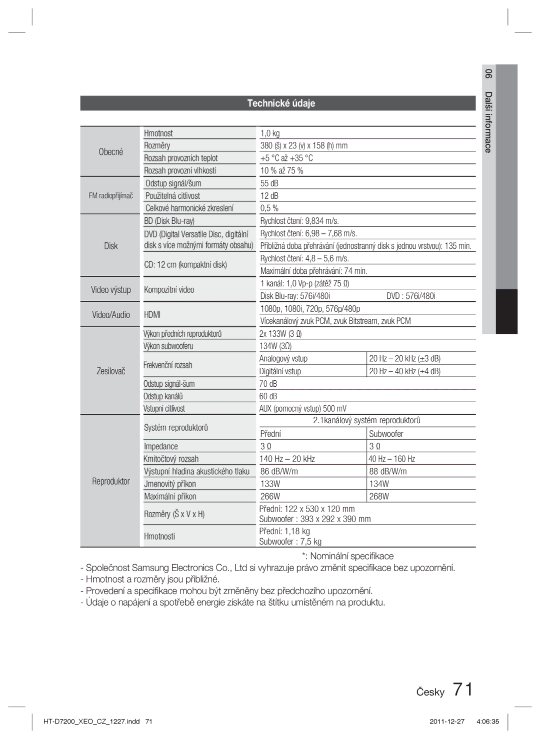 Samsung HT-D7200B/EN, HT-D7200/EN, HT-D7200B/ZF, HT-D7200/ZF manual Technické údaje 