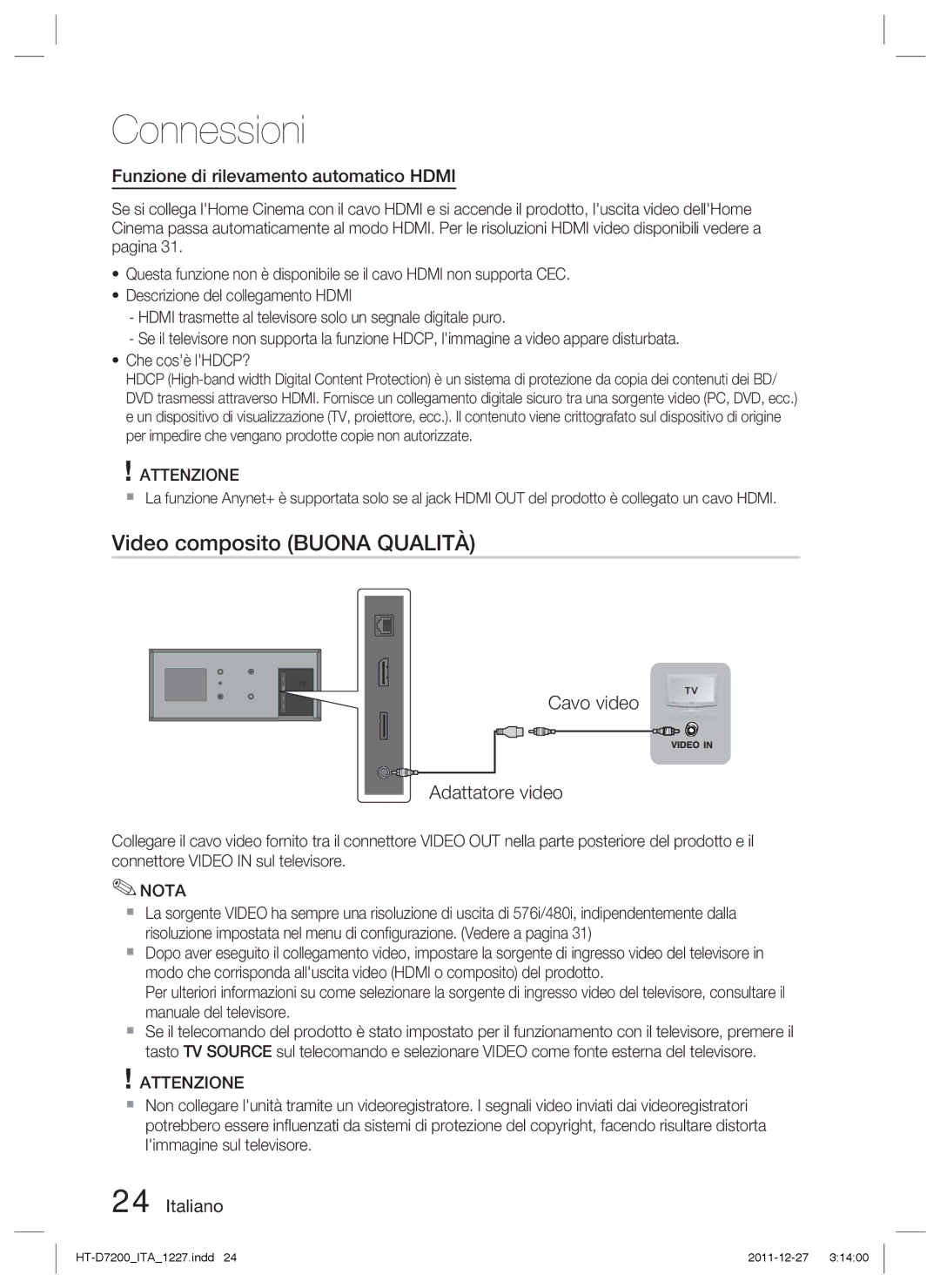 Samsung HT-D7200/EN, HT-D7200B/ZF, HT-D7200/ZF manual Video composito Buona Qualità, Funzione di rilevamento automatico Hdmi 