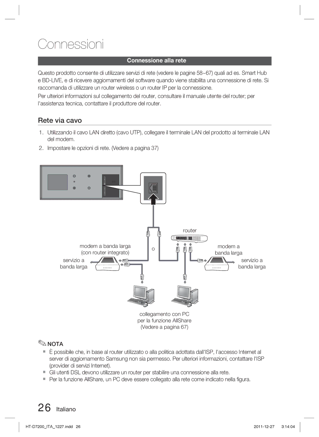 Samsung HT-D7200/ZF, HT-D7200/EN, HT-D7200B/ZF Connessione alla rete, Router Modem a Banda larga Servizio a banda larga 