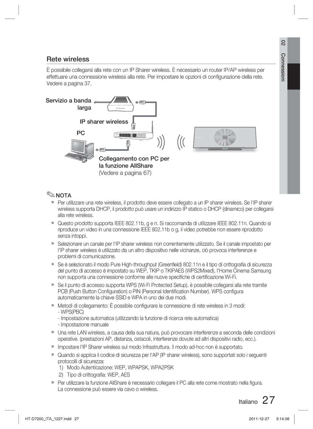 Samsung HT-D7200/EN, HT-D7200B/ZF, HT-D7200/ZF manual Servizio a banda larga IP sharer wireless, Wpspbc 