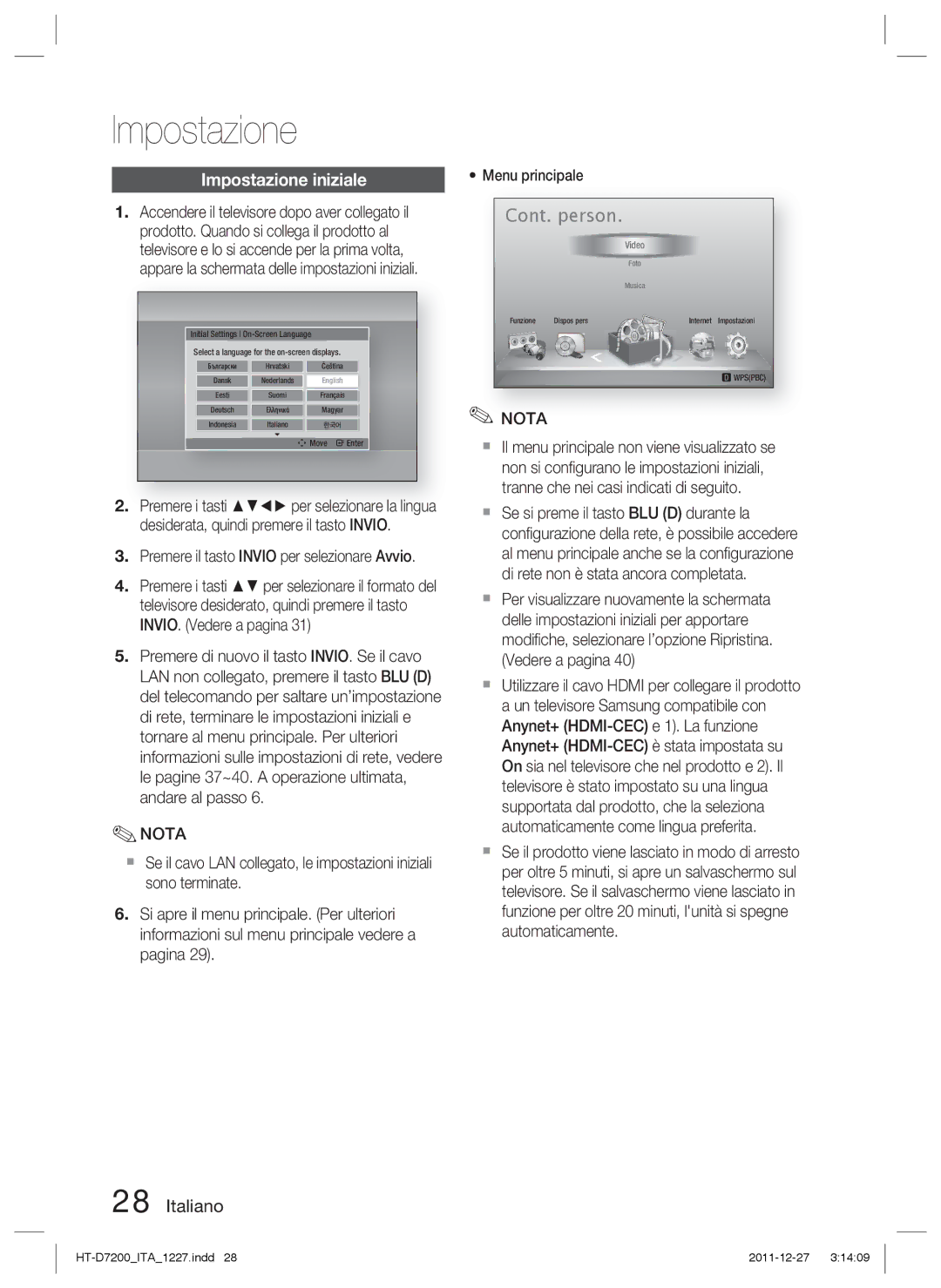 Samsung HT-D7200B/ZF, HT-D7200/EN, HT-D7200/ZF manual Impostazione iniziale, Premere il tasto Invio per selezionare Avvio 