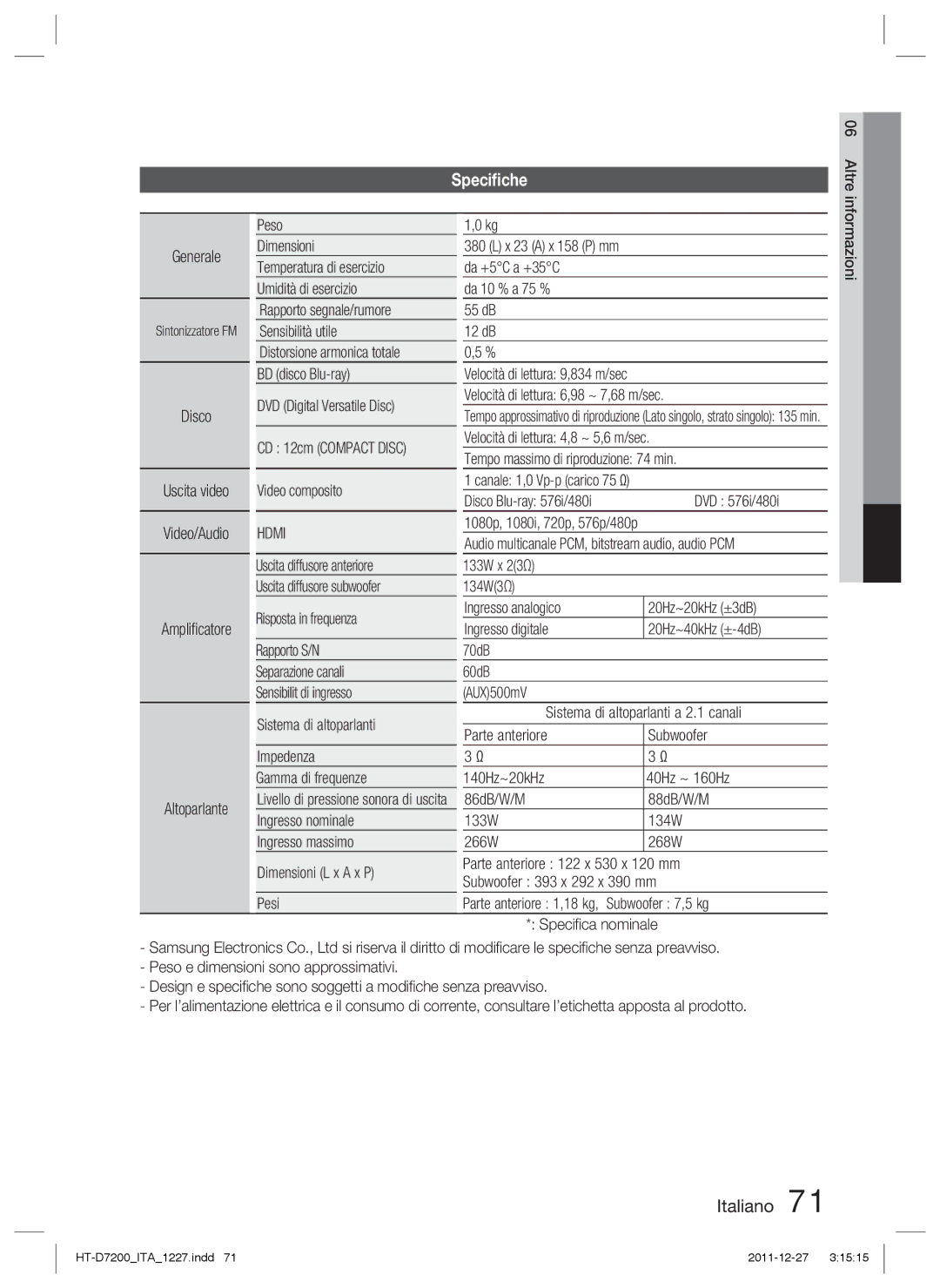 Samsung HT-D7200/ZF, HT-D7200/EN, HT-D7200B/ZF manual Speciﬁche 