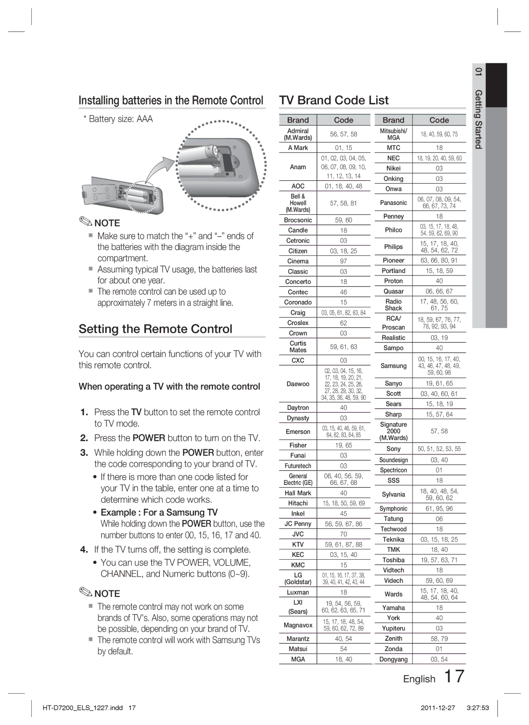 Samsung HT-D7200/EN manual TV Brand Code List, Setting the Remote Control, Installing batteries in the Remote Control 