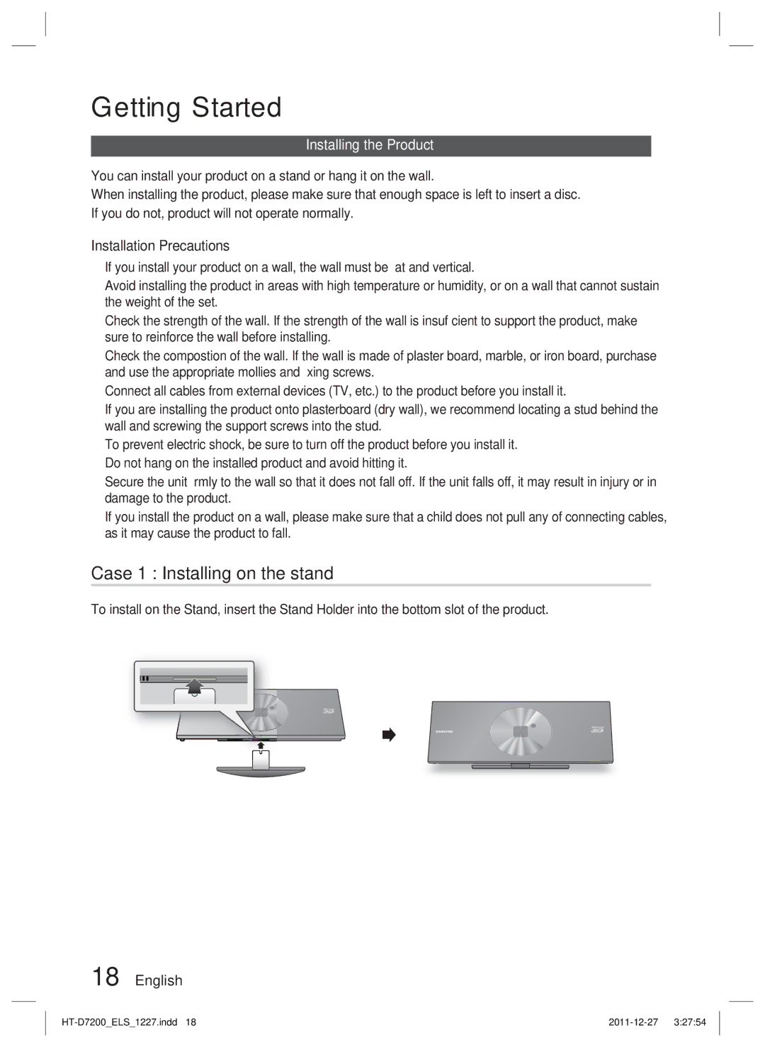 Samsung HT-D7200B/XN, HT-D7200/XN manual Case 1 Installing on the stand, Installing the Product, Installation Precautions 