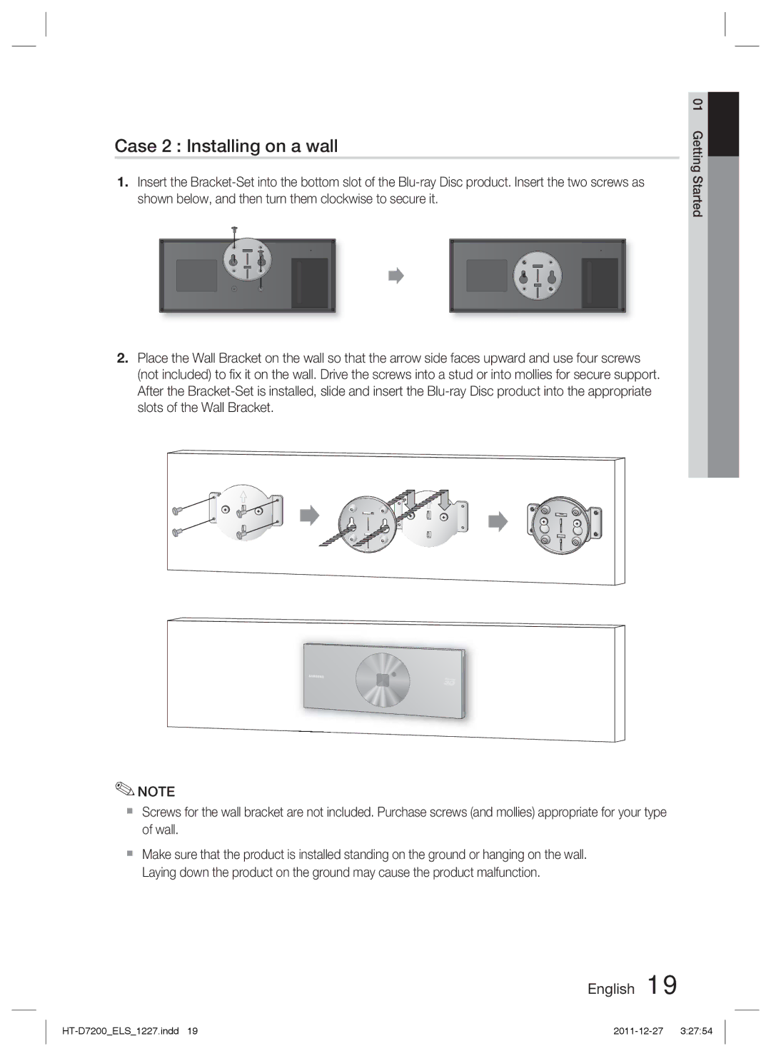 Samsung HT-D7200B/ZF, HT-D7200/XN, HT-D7200/EN, HT-D7200B/XN, HT-D7200/ZF, HT-D7200B/EN manual Case 2 Installing on a wall 