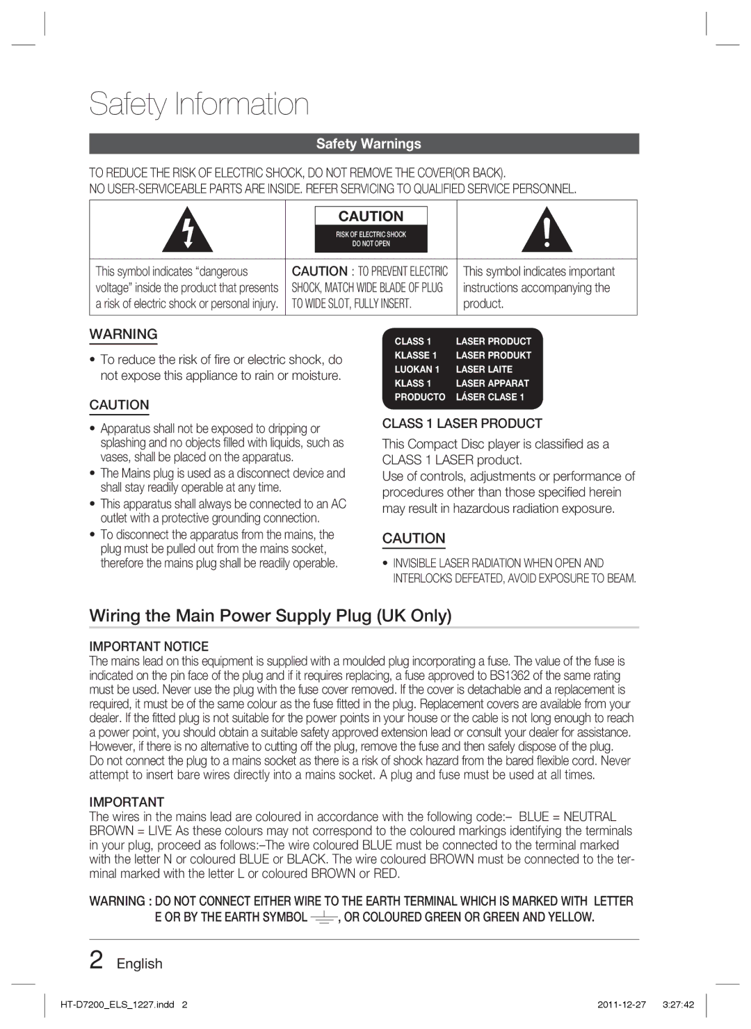 Samsung HT-D7200B/XN, HT-D7200/XN Safety Information, Wiring the Main Power Supply Plug UK Only, Safety Warnings, English 