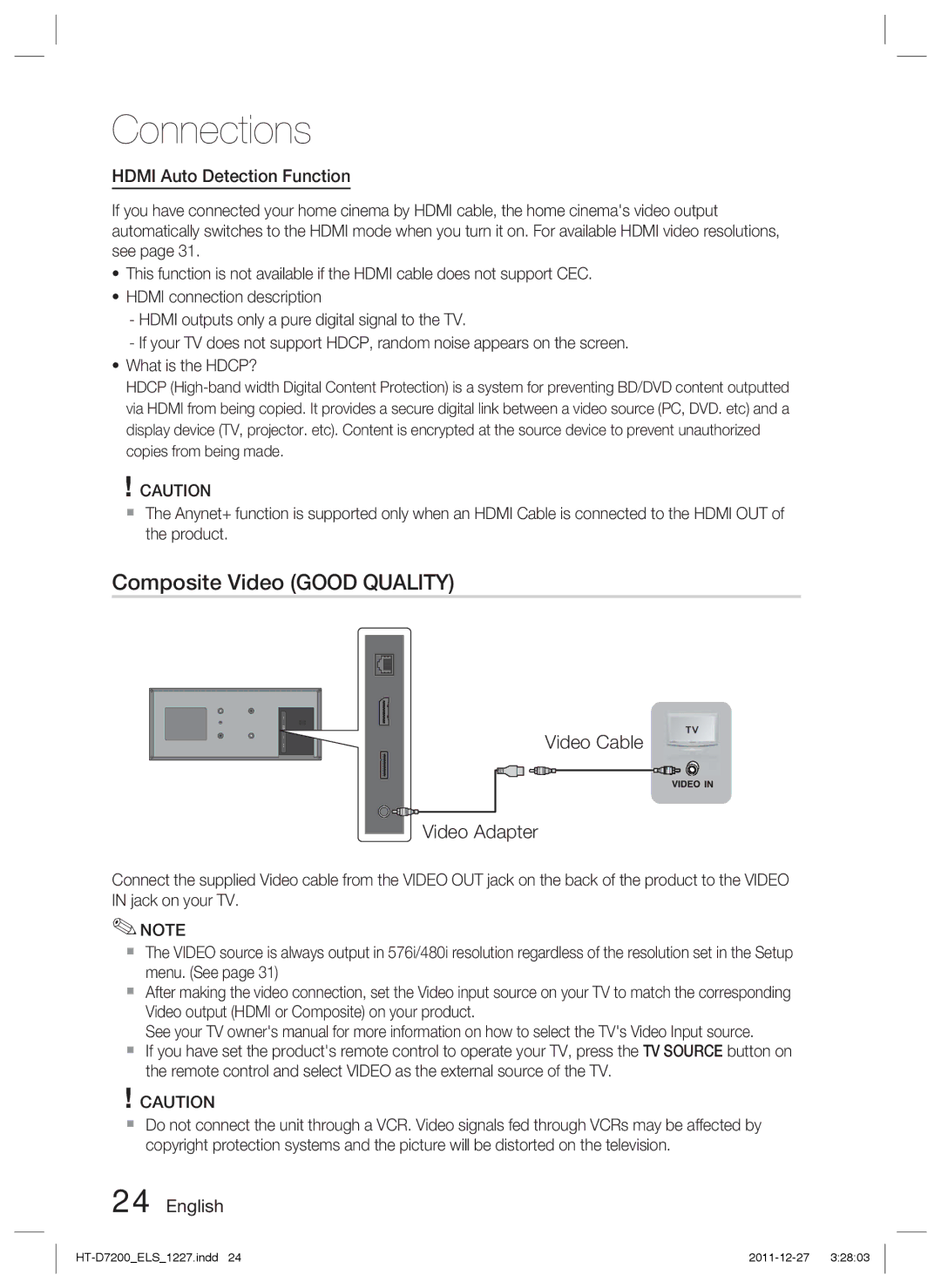 Samsung HT-D7200/XN, HT-D7200/EN Composite Video Good Quality, Video Cable Video Adapter, Hdmi Auto Detection Function 