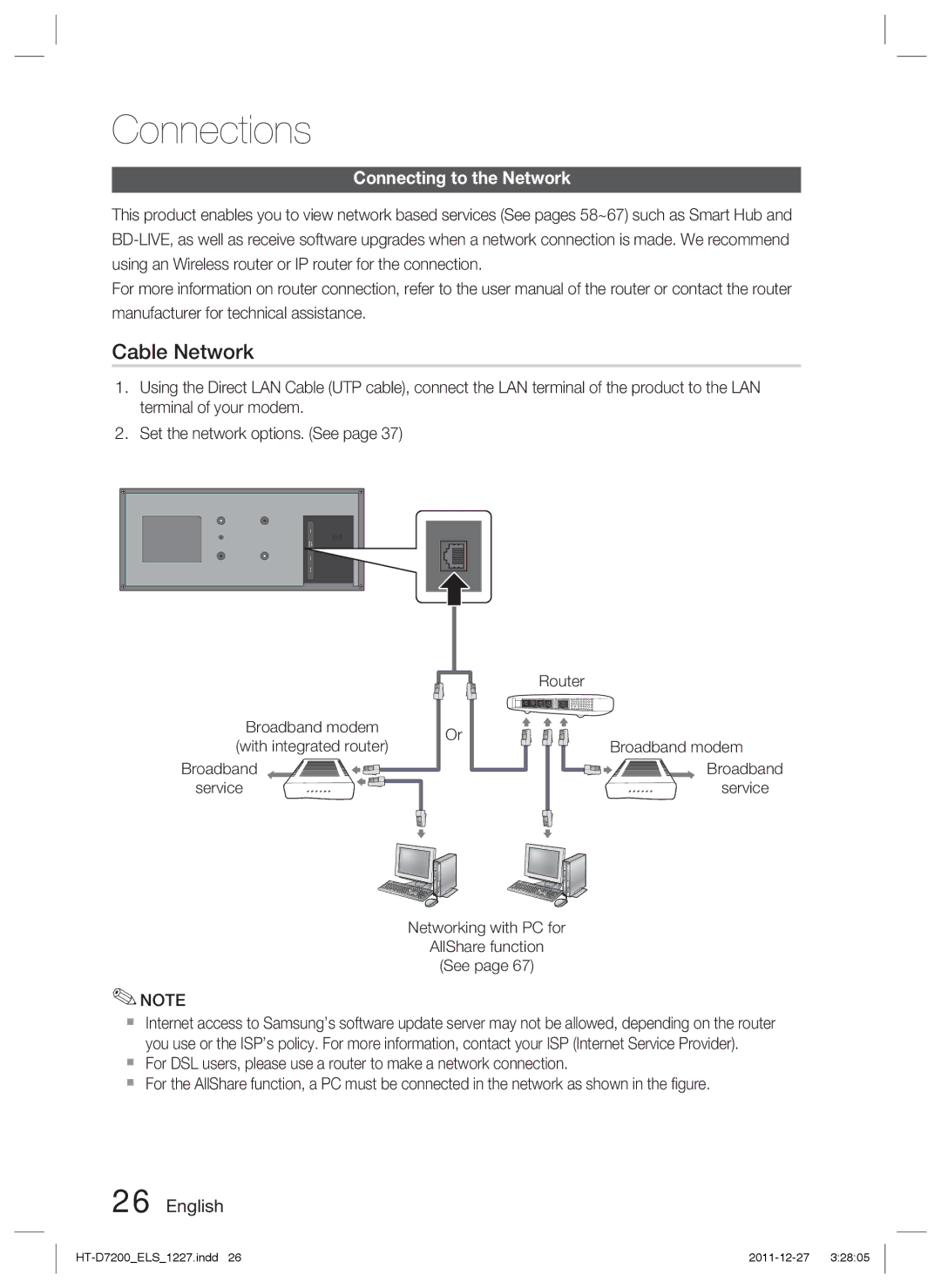 Samsung HT-D7200B/XN, HT-D7200/XN, HT-D7200/EN, HT-D7200B/ZF, HT-D7200/ZF manual Cable Network, Connecting to the Network 