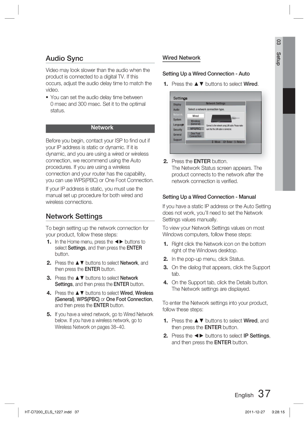 Samsung HT-D7200B/EN, HT-D7200/XN, HT-D7200/EN manual Audio Sync, Network Settings, Wired Network, Press the Enter button 