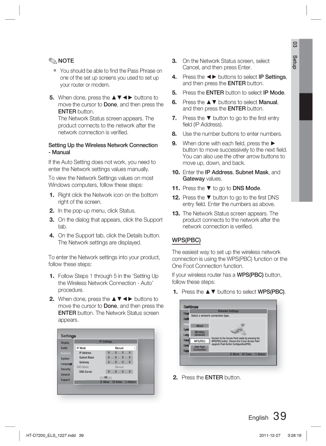 Samsung HT-D7200/XE manual Setting Up the Wireless Network Connection Manual, Enter button. The Network Status screen 