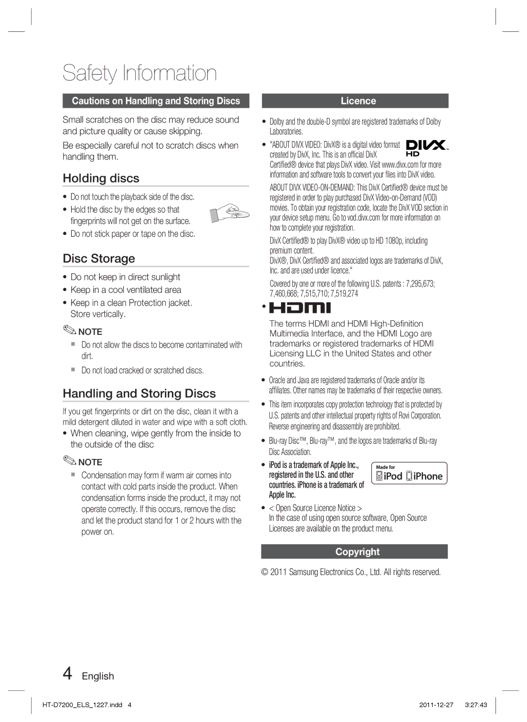 Samsung HT-D7200/ZF, HT-D7200/XN, HT-D7200/EN Holding discs, Disc Storage, Handling and Storing Discs, Licence, Copyright 