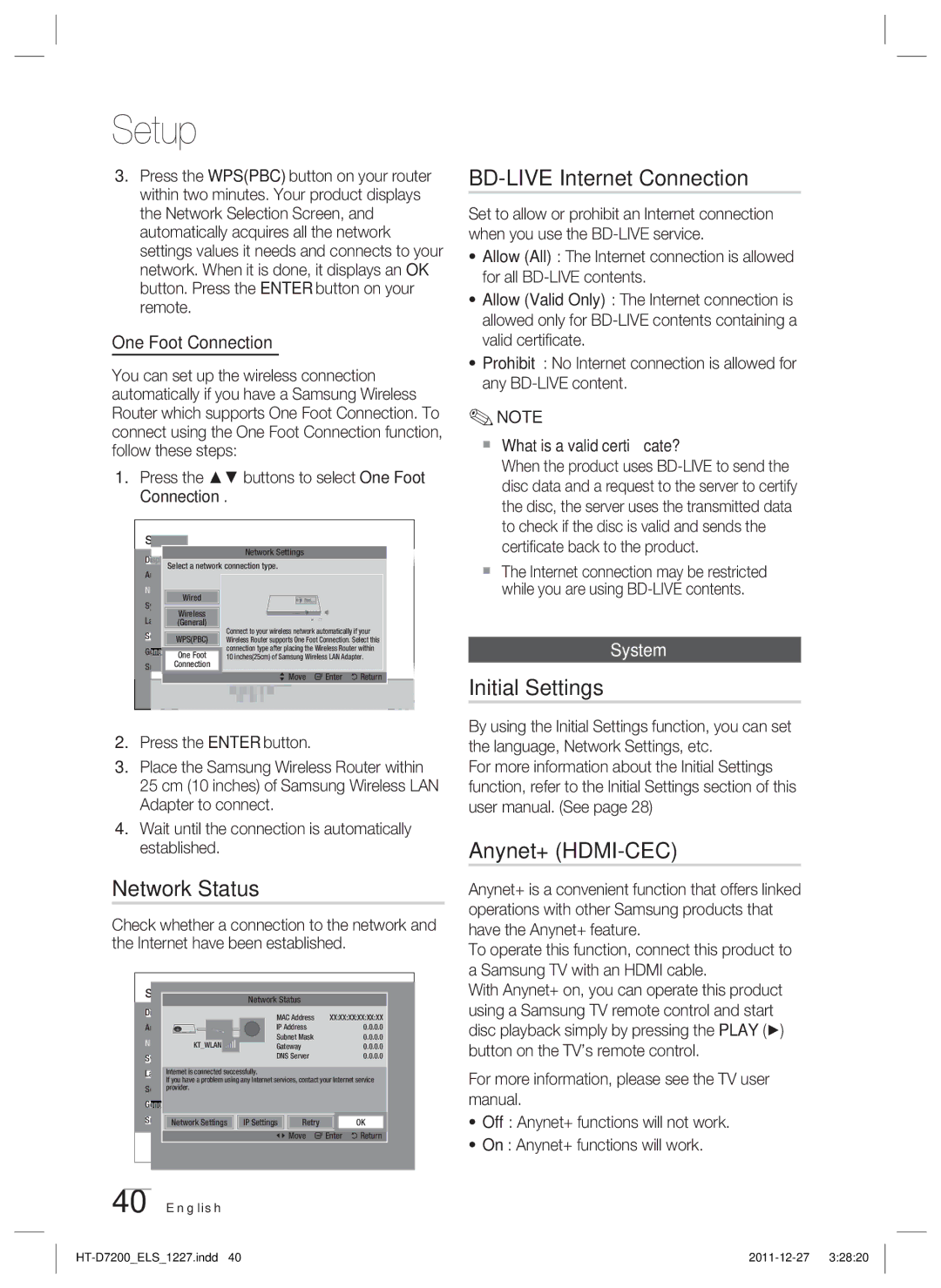 Samsung HT-D7200/XN, HT-D7200/EN Network Status, BD-LIVE Internet Connection, Initial Settings, Anynet+ HDMI-CEC, System 