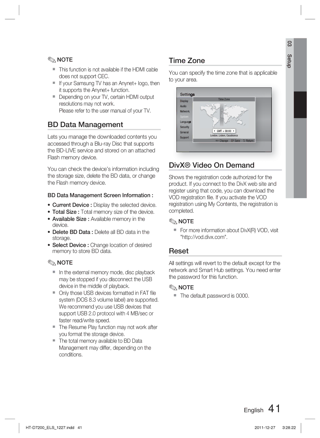 Samsung HT-D7200/EN, HT-D7200/XN, HT-D7200B/XN, HT-D7200B/ZF manual BD Data Management, Time Zone, DivX Video On Demand, Reset 