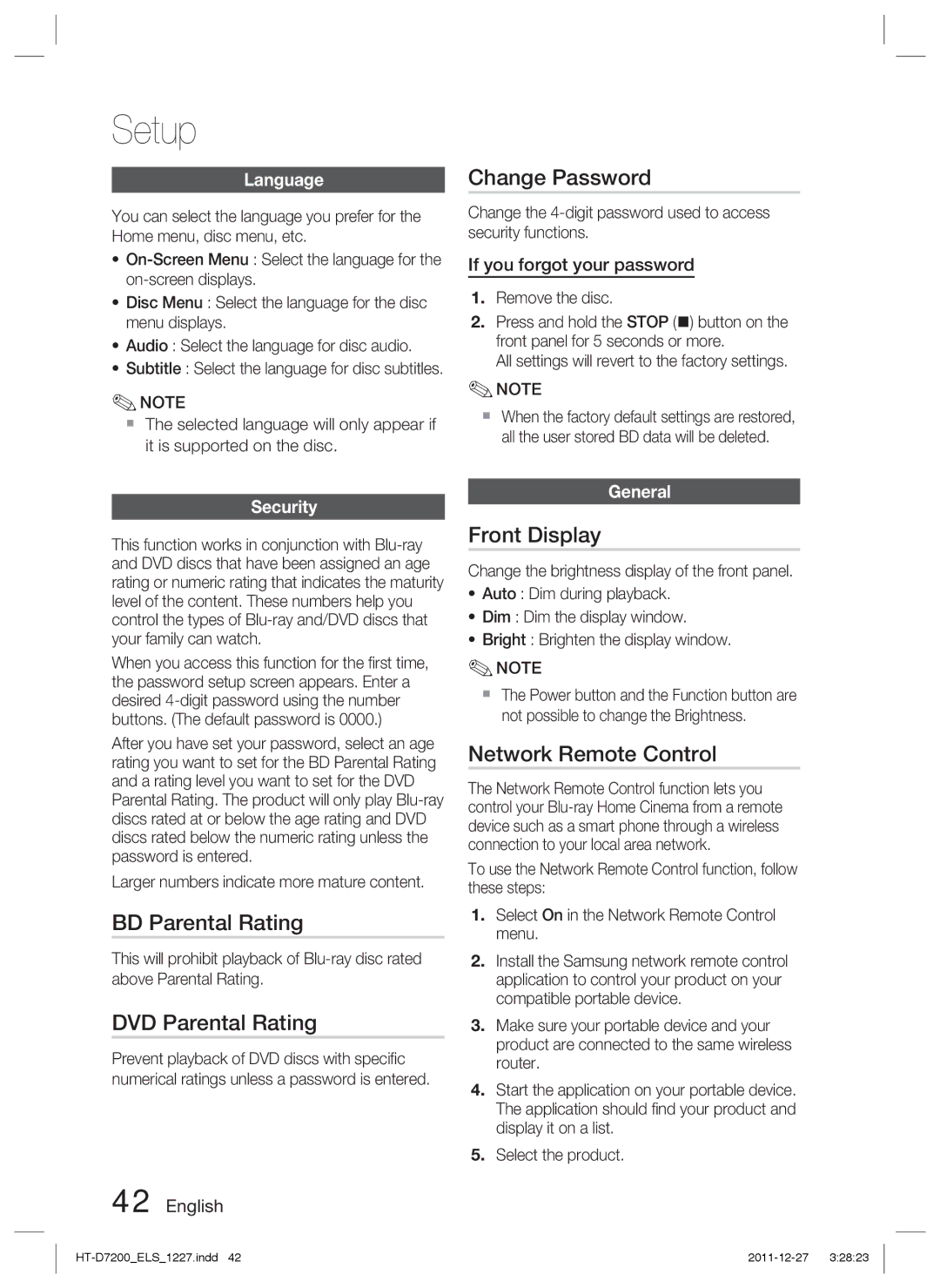 Samsung HT-D7200B/XN manual Change Password, BD Parental Rating, DVD Parental Rating, Front Display, Network Remote Control 