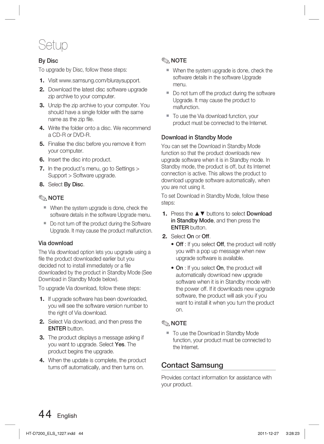 Samsung HT-D7200/ZF, HT-D7200/XN, HT-D7200/EN, HT-D7200B/XN Contact Samsung, By Disc, Via download, Download in Standby Mode 