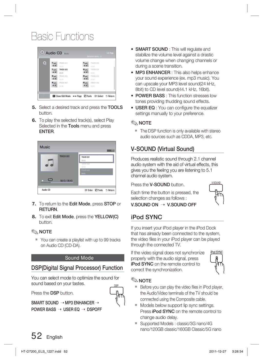 Samsung HT-D7200/ZF, HT-D7200/XN manual Sound Virtual Sound, IPod Sync, DSPDigital Signal Processor Function, Sound Mode 