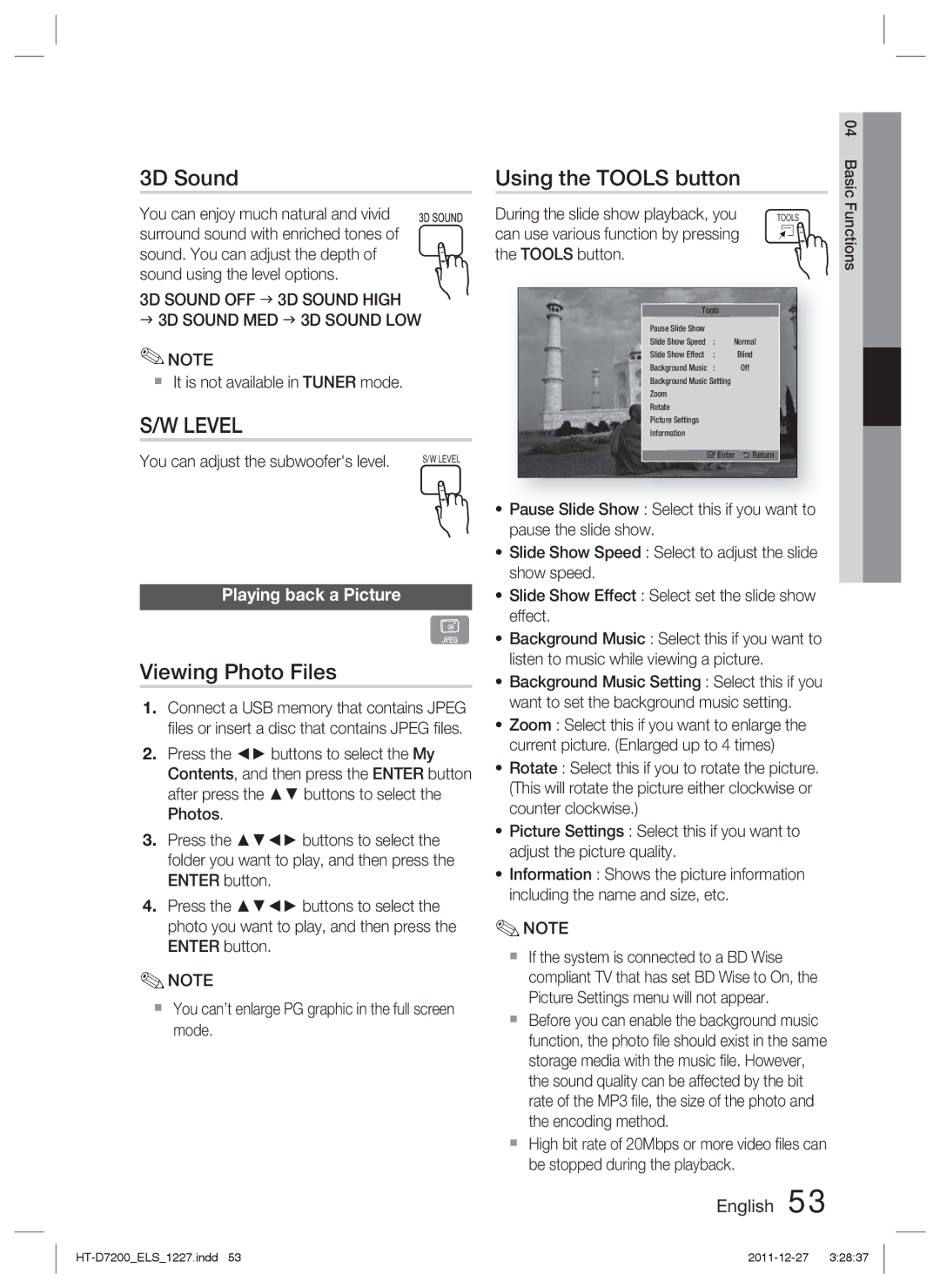 Samsung HT-D7200B/EN, HT-D7200/XN manual 3D Sound, Viewing Photo Files, Using the Tools button, Playing back a Picture 