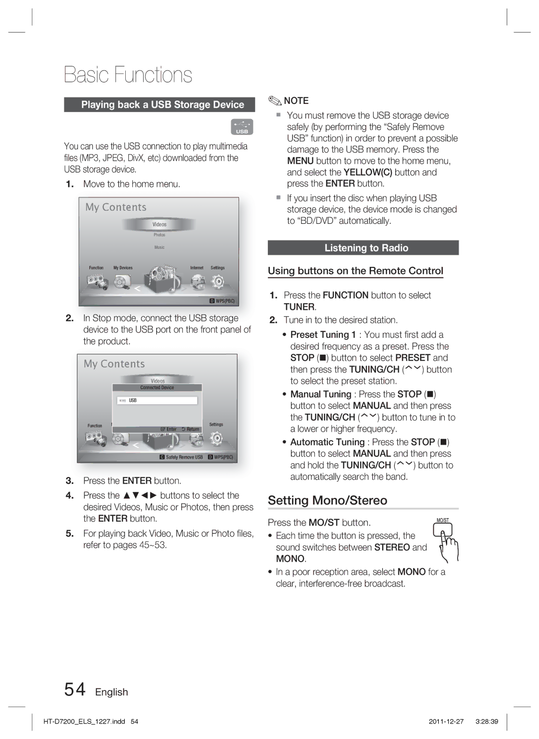 Samsung HT-D7200B/XE, HT-D7200/XN manual Setting Mono/Stereo, Playing back a USB Storage Device, Listening to Radio, Tuner 