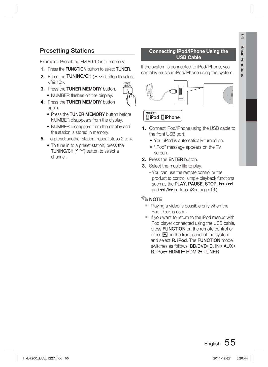 Samsung HT-D7200/XE manual Presetting Stations, Connecting iPod/iPhone Using USB Cable, Press the Tuner Memory button, Aux 