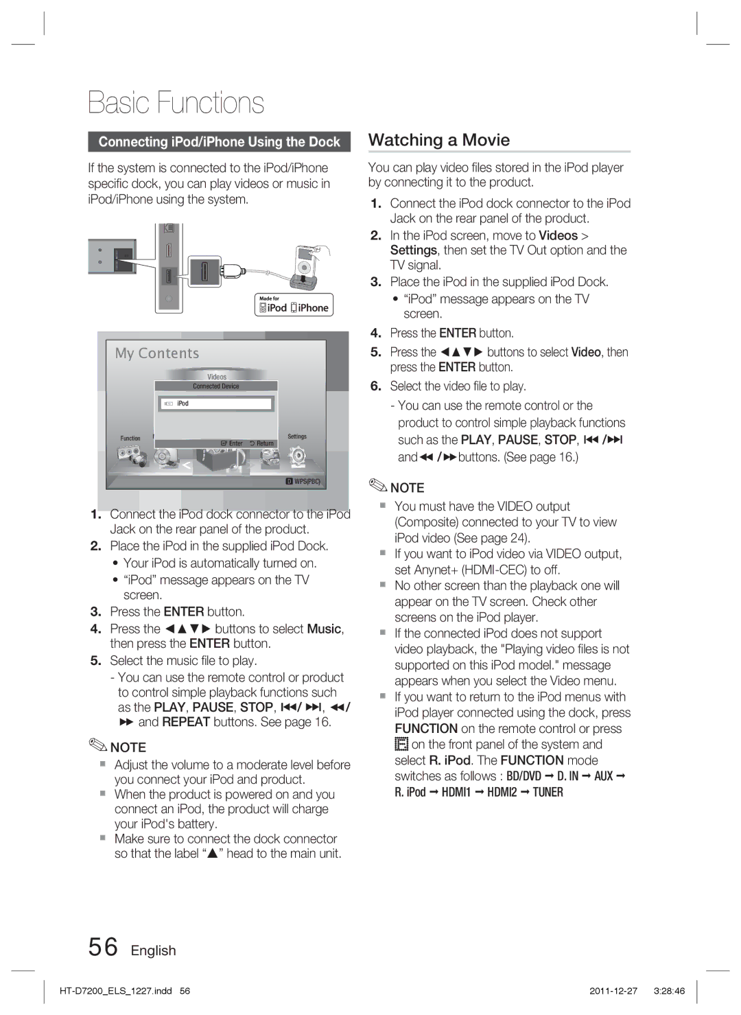 Samsung HT-D7200/XN, HT-D7200/EN, HT-D7200B/XN, HT-D7200B/ZF manual Watching a Movie, Connecting iPod/iPhone Using the Dock 