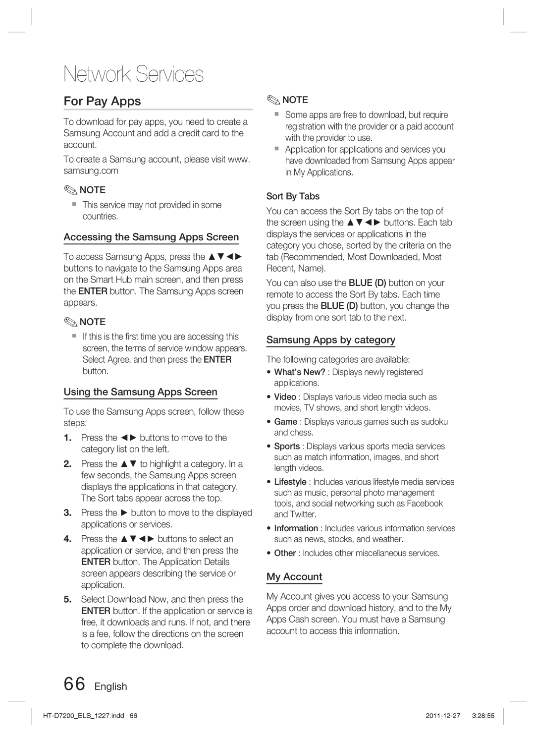 Samsung HT-D7200B/XN manual For Pay Apps, Accessing the Samsung Apps Screen, Using the Samsung Apps Screen, My Account 