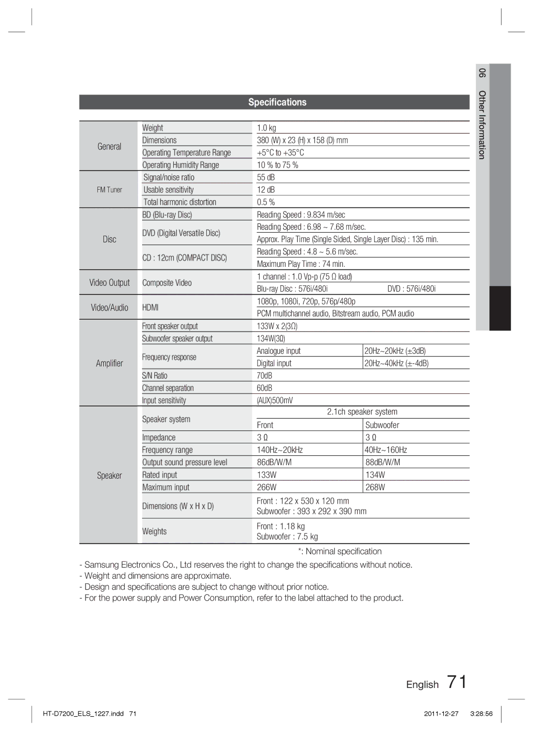 Samsung HT-D7200/XE, HT-D7200/XN, HT-D7200/EN, HT-D7200B/XN, HT-D7200B/ZF, HT-D7200/ZF, HT-D7200B/EN, HT-D7200B/XE Speciﬁcations 