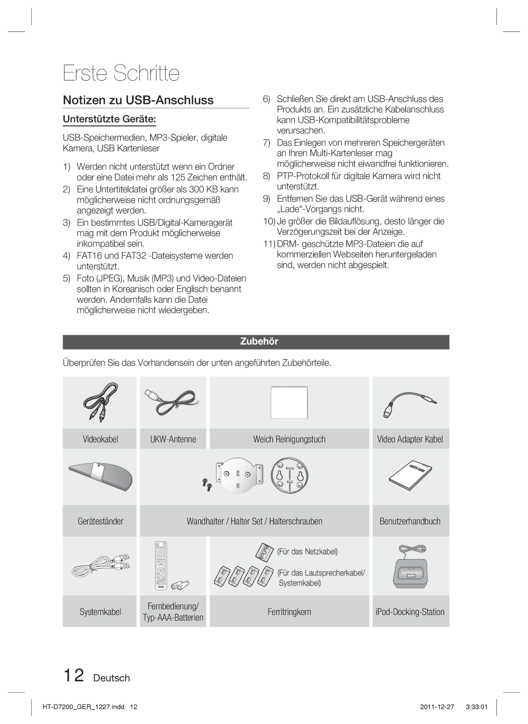 Samsung HT-D7200B/XN manual Notizen zu USB-Anschluss, Unterstützte Geräte, Zubehör, Ferritringkern IPod-Docking-Station 