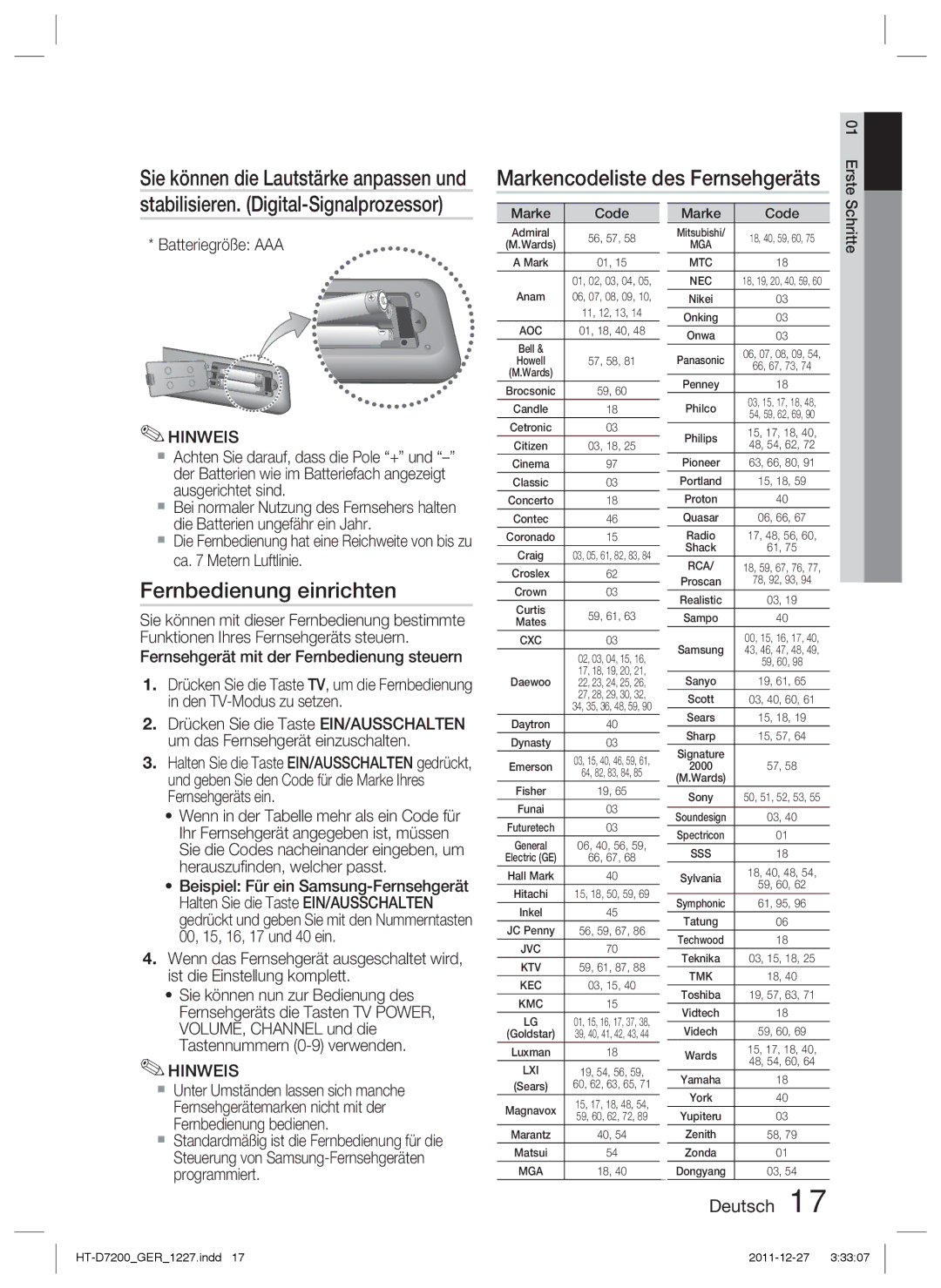 Samsung HT-D7200B/XN Markencodeliste des Fernsehgeräts, Fernbedienung einrichten, Sie können die Lautstärke anpassen und 