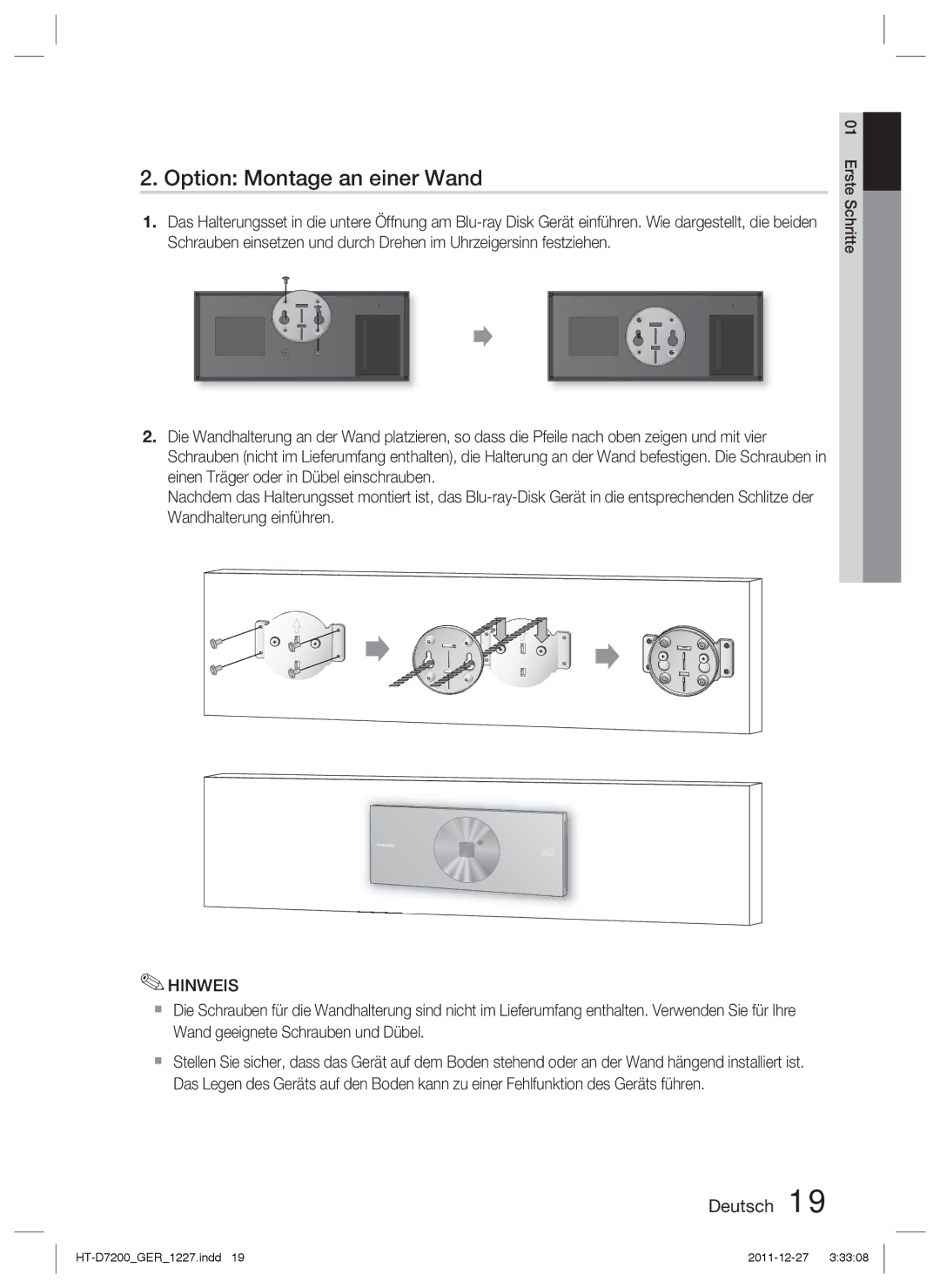 Samsung HT-D7200/ZF, HT-D7200/XN, HT-D7200/EN, HT-D7200B/XN, HT-D7200B/ZF manual Option Montage an einer Wand 