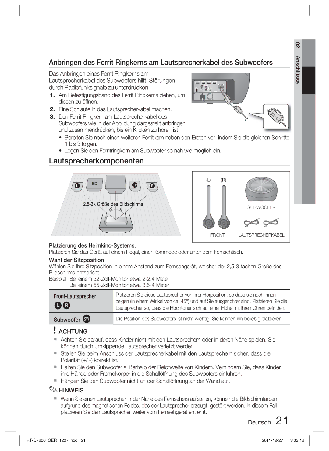 Samsung HT-D7200/EN, HT-D7200/XN manual Lautsprecherkomponenten, Front-Lautsprecher Subwoofer g, 3x Größe des Bildschirms 