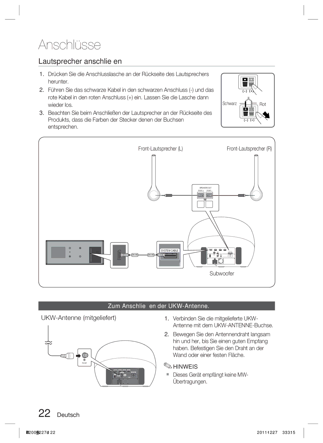 Samsung HT-D7200B/XN, HT-D7200/XN manual Lautsprecher anschließen, UKW-Antenne mitgeliefert, Zum Anschließen der UKW-Antenne 