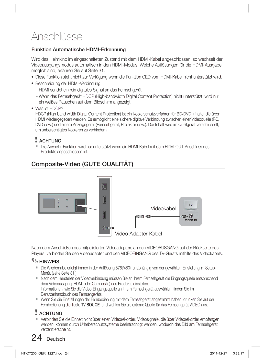 Samsung HT-D7200/ZF Composite-Video Gute Qualität, Videokabel Video Adapter Kabel, Funktion Automatische HDMI-Erkennung 