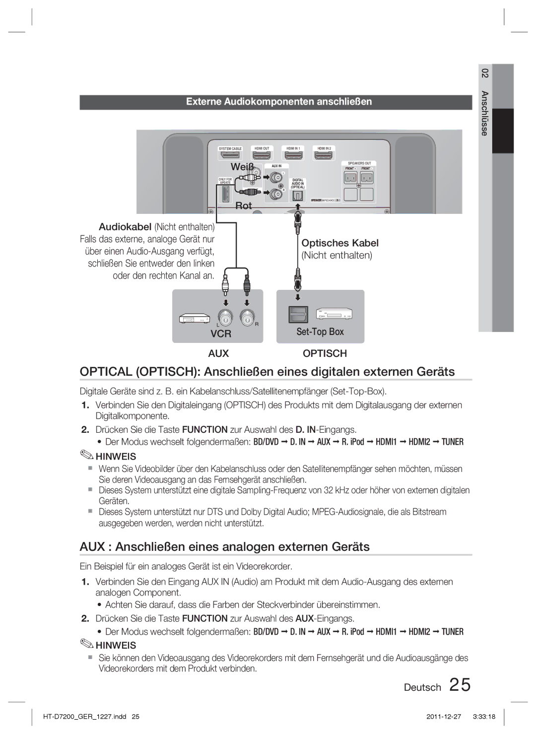 Samsung HT-D7200/XN Optical Optisch Anschließen eines digitalen externen Geräts, Externe Audiokomponenten anschließen 