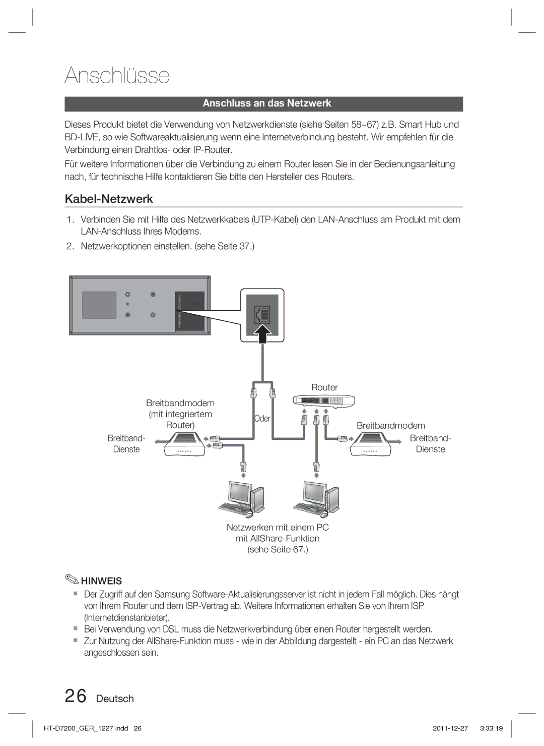 Samsung HT-D7200/EN, HT-D7200/XN, HT-D7200B/XN, HT-D7200B/ZF, HT-D7200/ZF manual Kabel-Netzwerk, Anschluss an das Netzwerk 