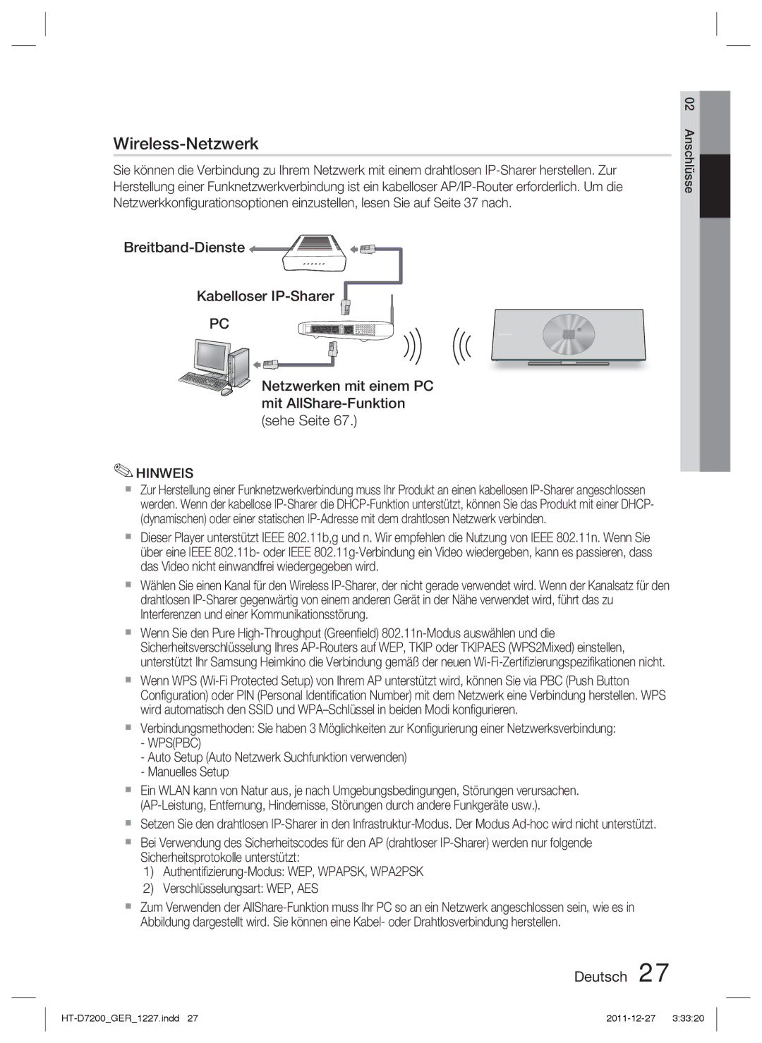 Samsung HT-D7200B/XN Breitband-Dienste Kabelloser IP-Sharer, Netzwerken mit einem PC mit AllShare-Funktion sehe Seite 