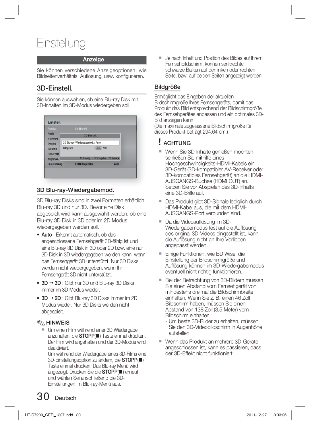 Samsung HT-D7200/XN, HT-D7200/EN, HT-D7200B/XN manual 3D-Einstell, Anzeige, 3D Blu-ray-Wiedergabemod, Deutsch Bildgröße 