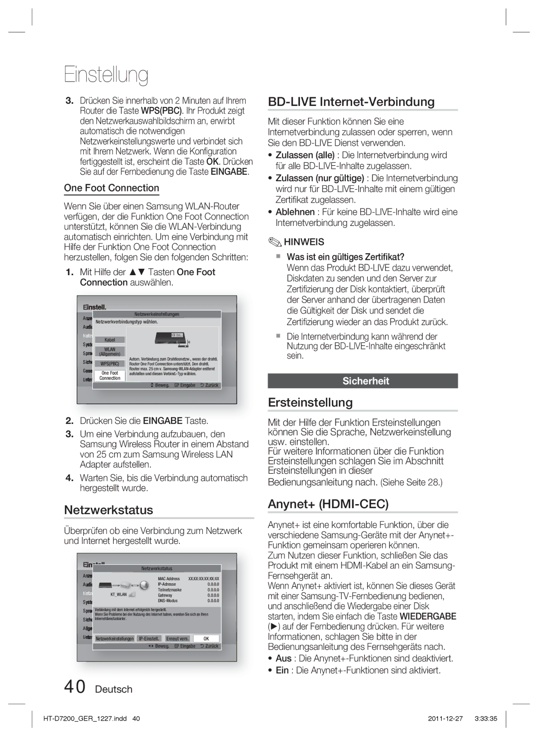 Samsung HT-D7200/XN manual Netzwerkstatus, BD-LIVE Internet-Verbindung, Ersteinstellung, Anynet+ HDMI-CEC, Sicherheit 