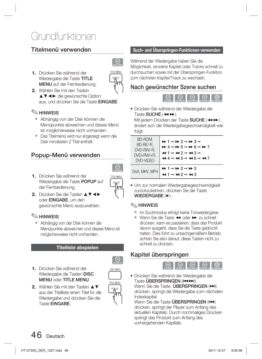 Samsung HT-D7200/EN manual Titelmenü verwenden, Popup-Menü verwenden, Nach gewünschter Szene suchen, Kapitel überspringen 