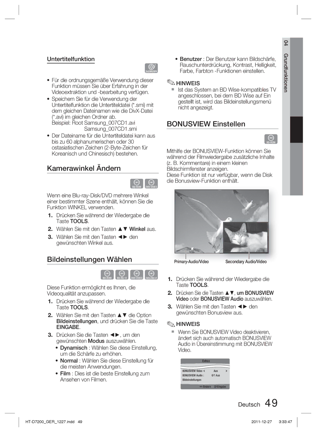 Samsung HT-D7200/ZF, HT-D7200/XN Kamerawinkel Ändern, Bildeinstellungen Wählen, Bonusview Einstellen, Untertitelfunktion 