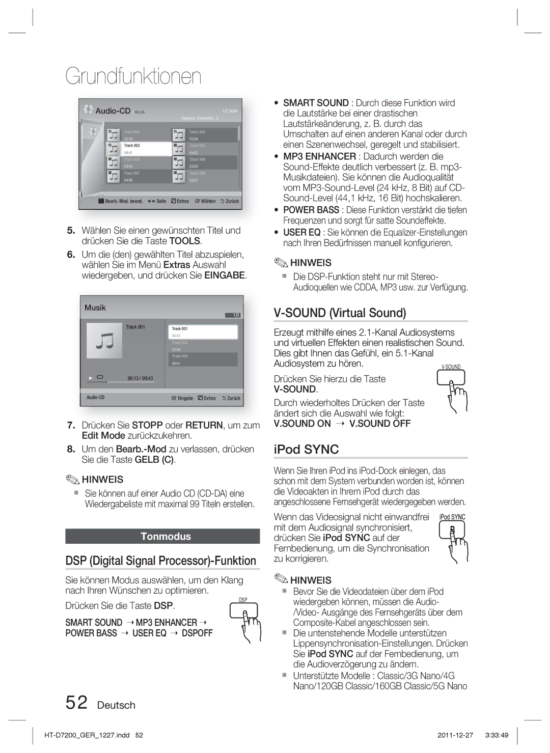 Samsung HT-D7200B/XN, HT-D7200/XN manual Sound Virtual Sound, IPod Sync, DSP Digital Signal Processor-Funktion, Tonmodus 