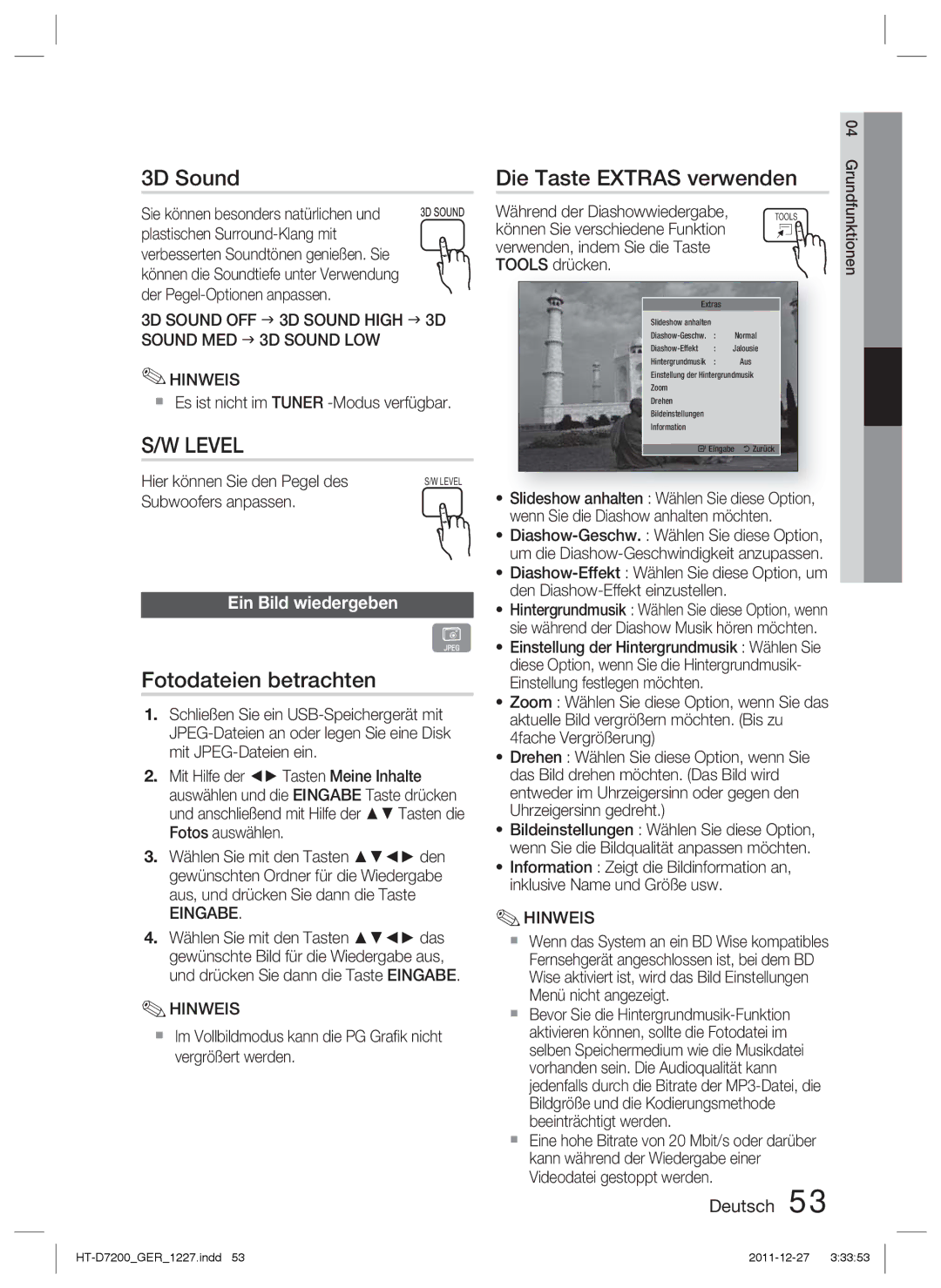 Samsung HT-D7200B/ZF, HT-D7200/XN manual 3D Sound, Fotodateien betrachten, Die Taste Extras verwenden, Ein Bild wiedergeben 