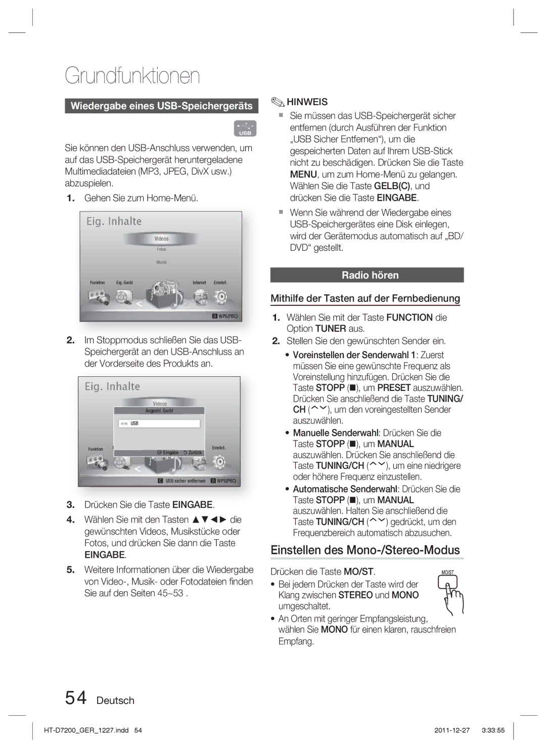 Samsung HT-D7200/ZF, HT-D7200/XN Einstellen des Mono-/Stereo-Modus, Radio hören, Mithilfe der Tasten auf der Fernbedienung 