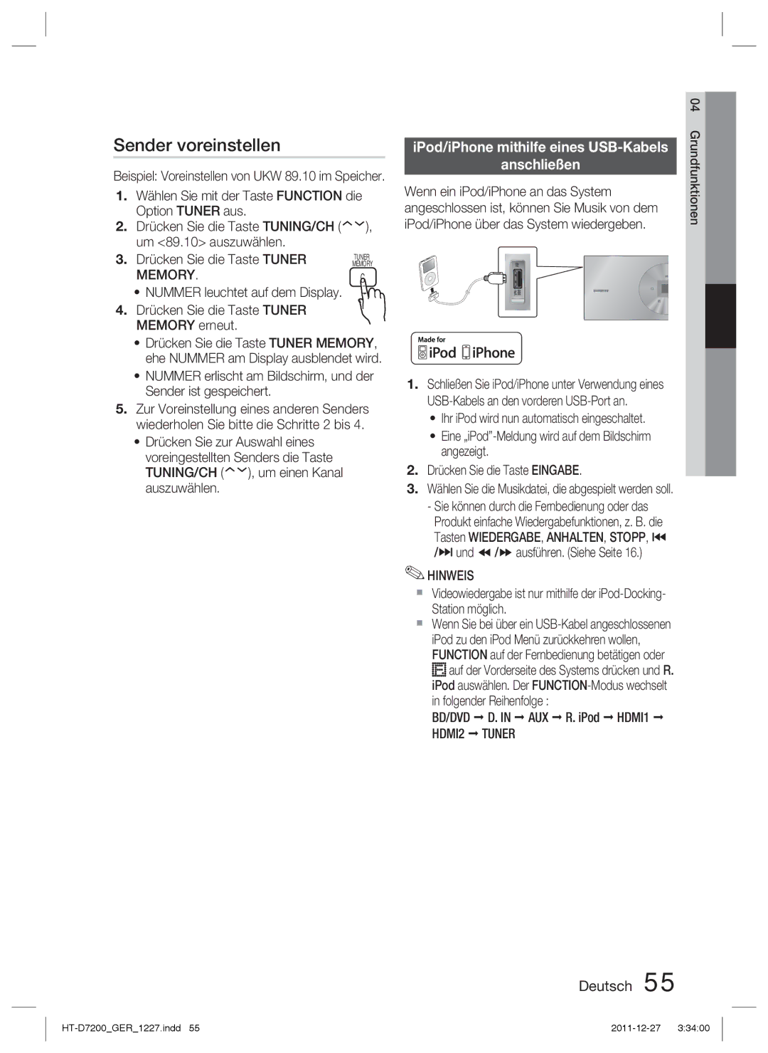 Samsung HT-D7200/XN Sender voreinstellen, IPod/iPhone mithilfe eines USB-Kabels Anschließen, Memory, Bd/Dvd, HDMI2 Tuner 