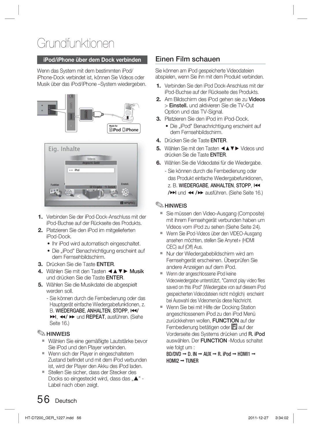 Samsung HT-D7200/EN Einen Film schauen, IPod/iPhone über dem Dock verbinden, Das Produkt einfache Wiedergabefunktionen 