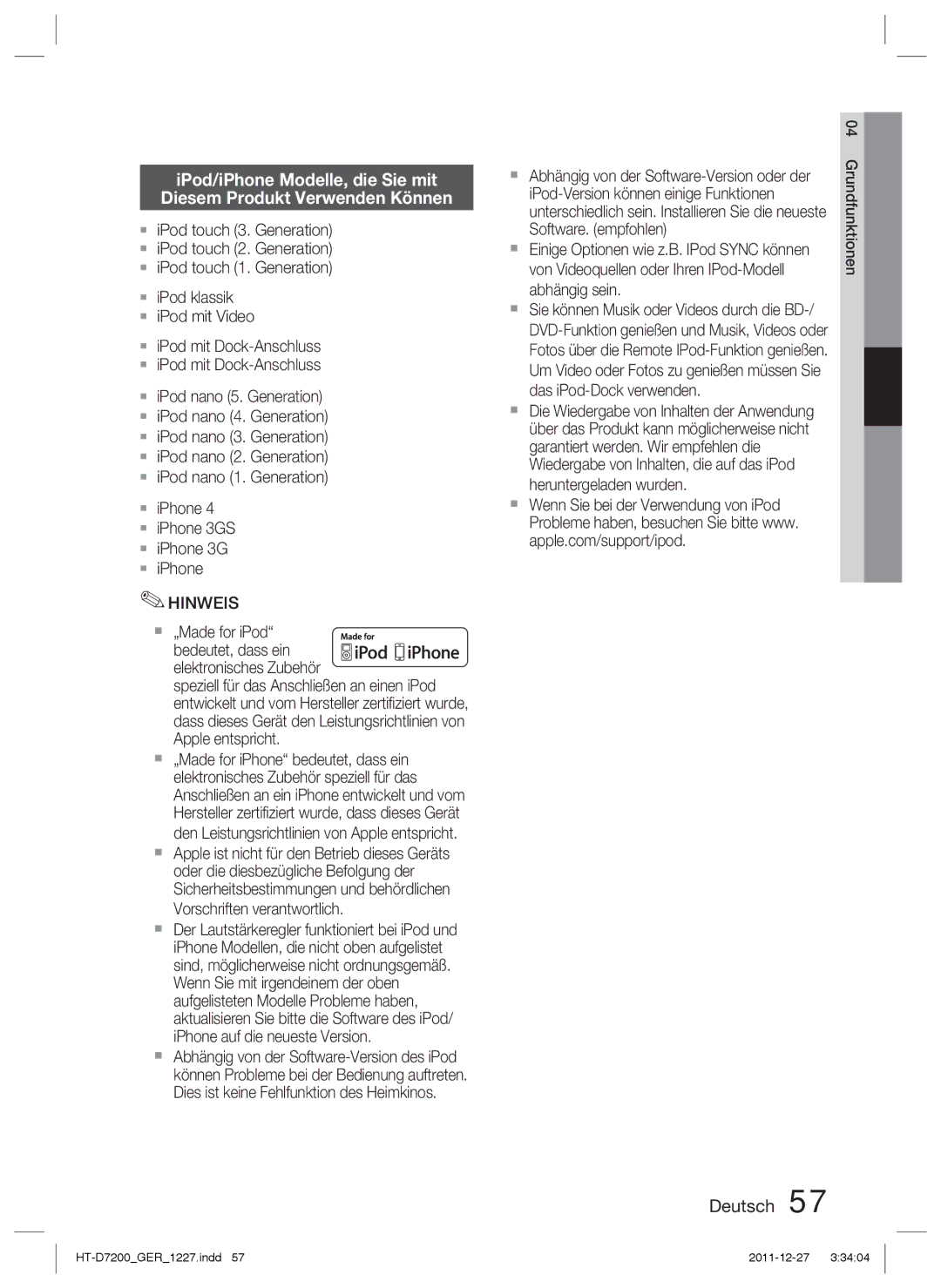 Samsung HT-D7200B/XN, HT-D7200/XN, HT-D7200/EN, HT-D7200B/ZF manual  „Made for iPod bedeutet, dass ein elektronisches Zubehör 