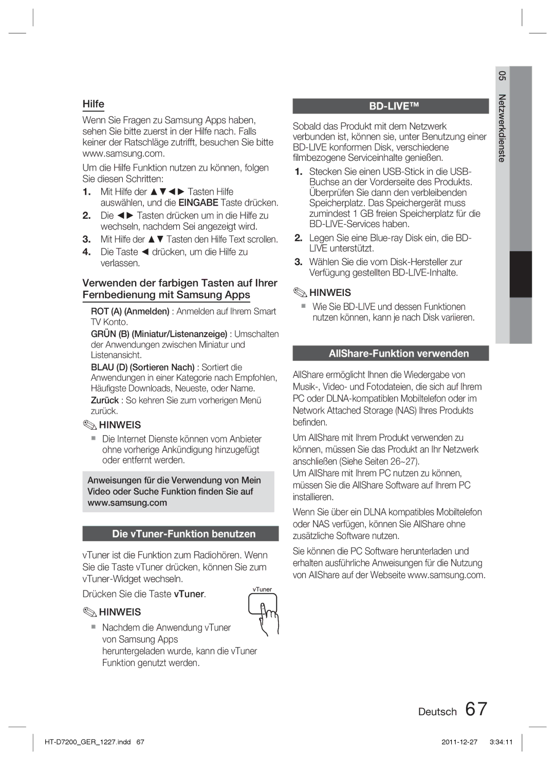 Samsung HT-D7200B/XN, HT-D7200/XN, HT-D7200/EN, HT-D7200/ZF Hilfe, Die vTuner-Funktion benutzen, AllShare-Funktion verwenden 